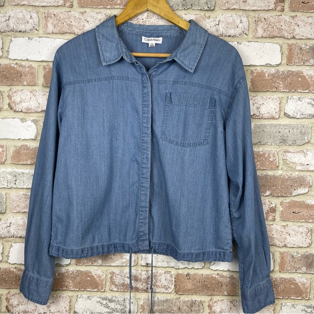 Calvin Klein Long Sleeve Chambray Button Up Shirt  Drawstring Women’s Si…